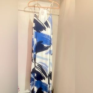 Spaghetti Strap Silk Midi Dress in Navy, Blue & White Pattern